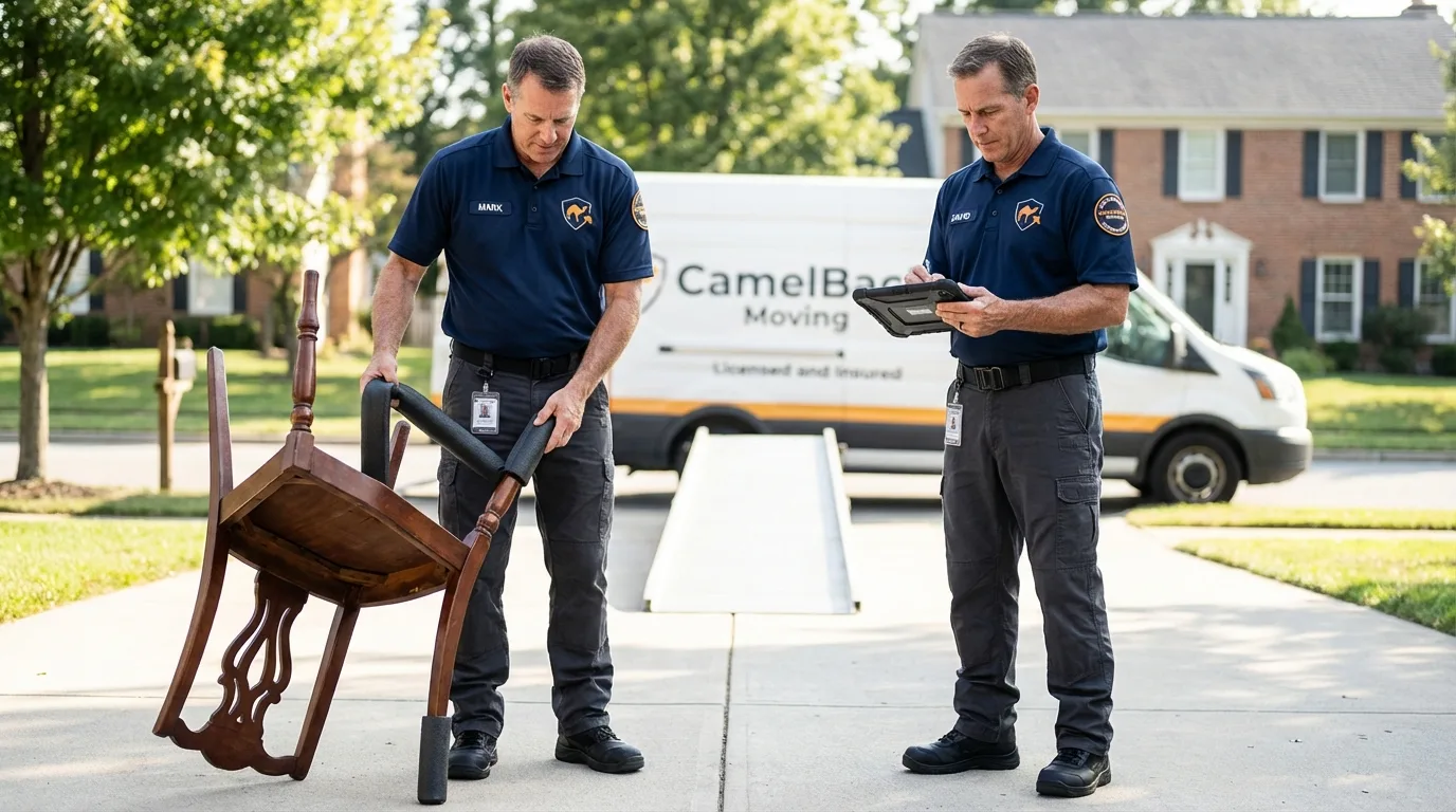 Movers inspecting furniture for damage prevention before loading in Fairview, UT