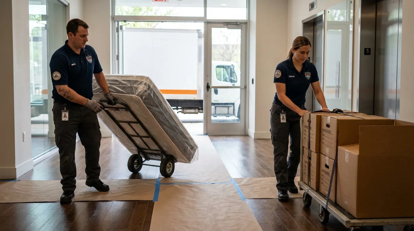 Professional apartment movers loading elevator in Fairview, UT